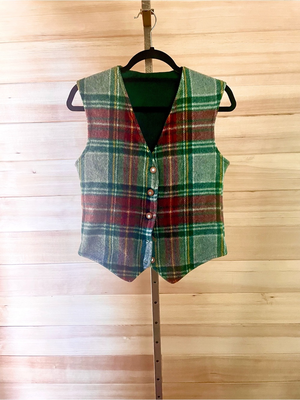 Artisan Crafted Reversible Plaid Wool Blend Vest in Green Red and Grey